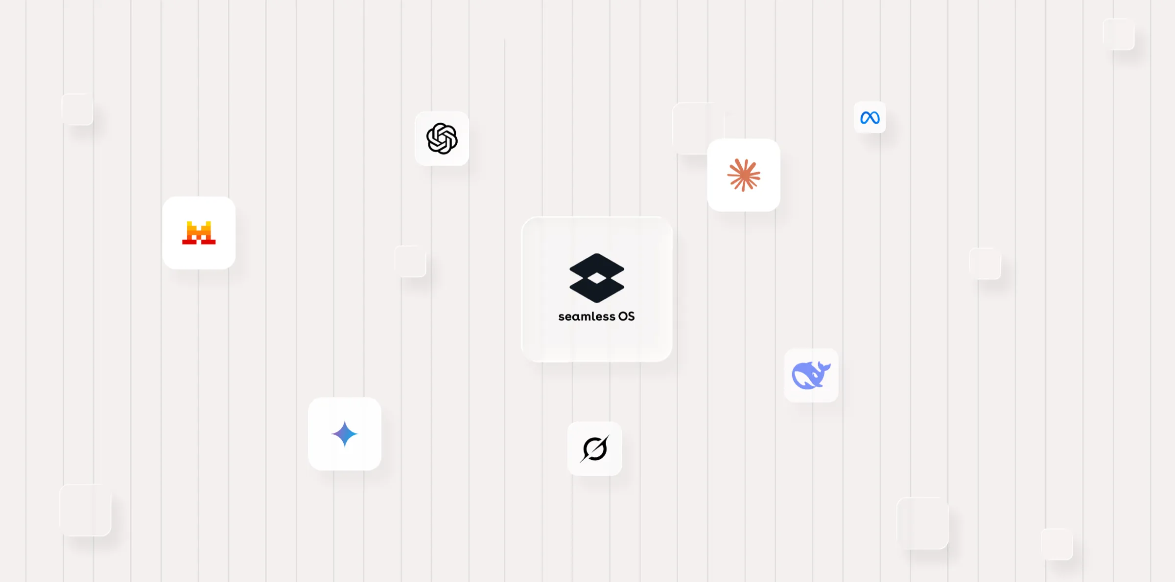 The Seamless OS mark on a glass tile, surrounded by the model providers it connects to