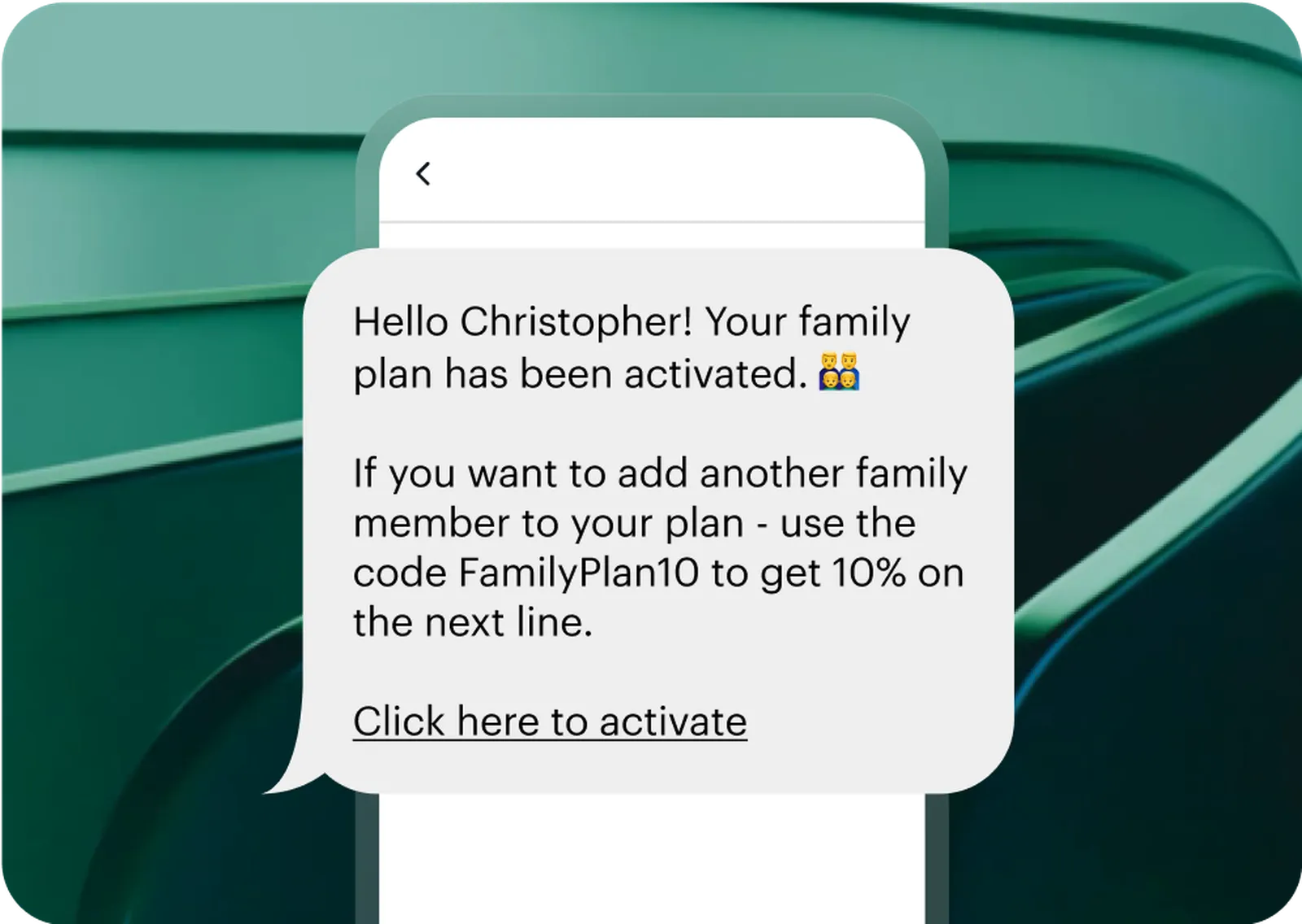 A branded SMS confirming a family plan activation and offering a discount code for the next line