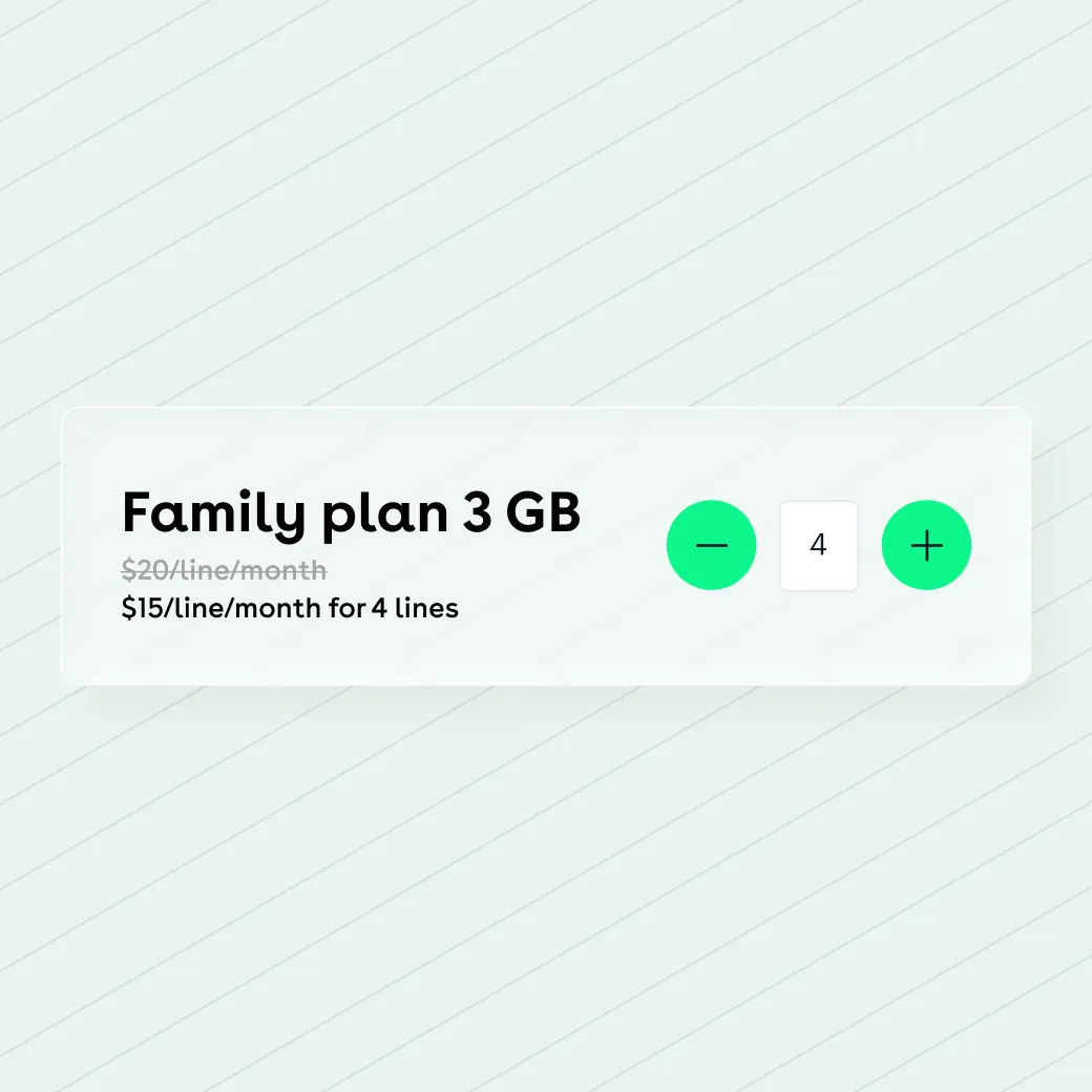 A family plan priced per line, its rate dropping as the line count rises