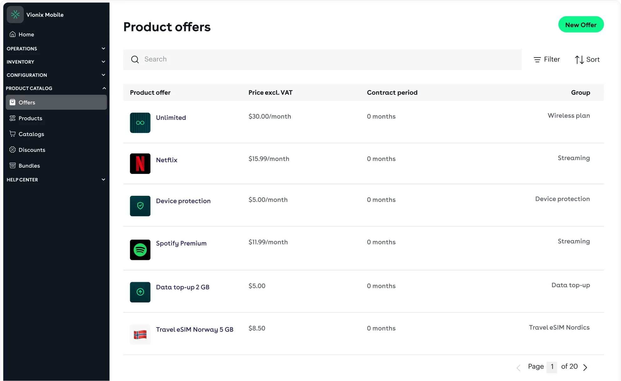 The product offers list in Seamless OS — plans, streaming, device protection, data top-ups and travel eSIM priced side by side