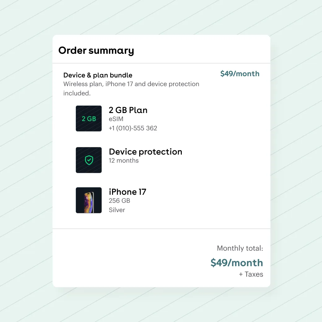 An order summary for a device and plan bundle — a 2 GB eSIM plan, device protection and an iPhone at one monthly total