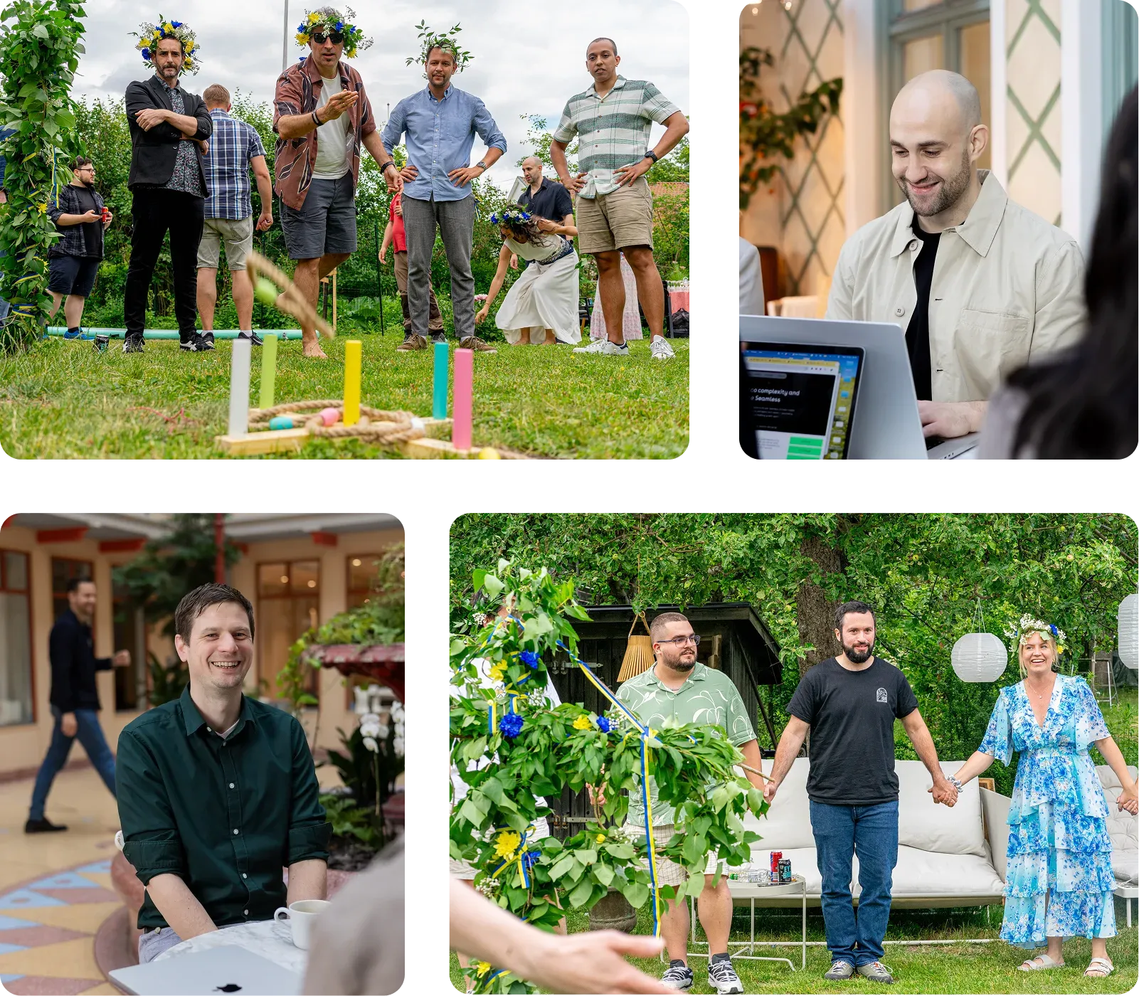 Four photographs of the team: midsummer games in the garden, two colleagues at their laptops, and a wreath-crowned group by the maypole