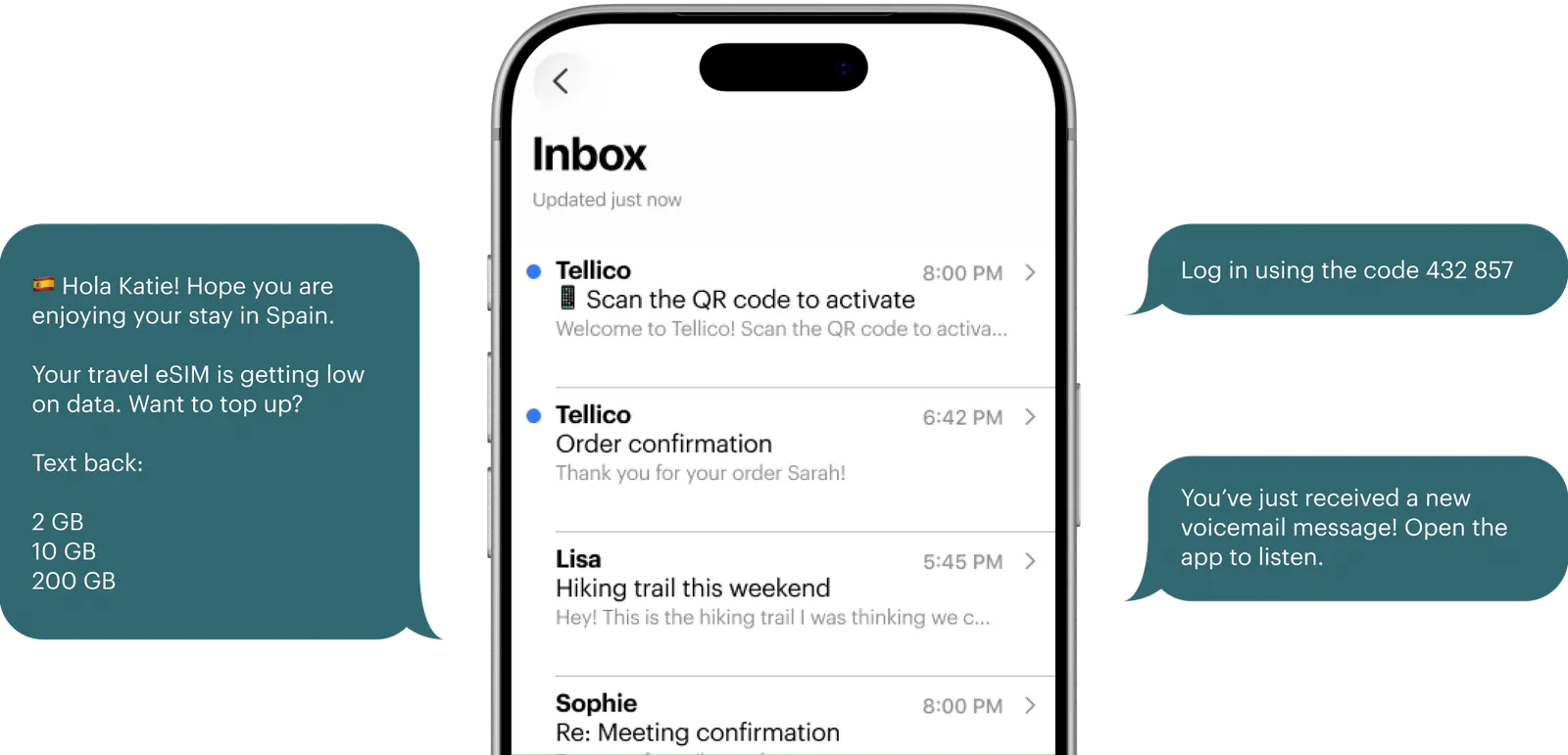 A subscriber's inbox on a phone, with the same operator messages arriving as SMS either side of it