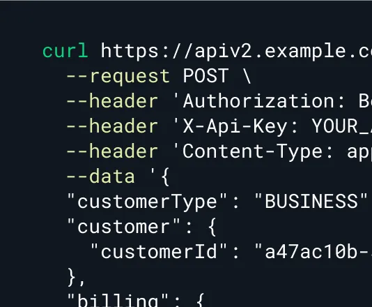A curl request creating a business customer over the Seamless OS API