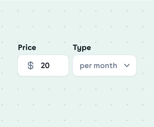 The offer editor: a price field of 20 against a per-month type