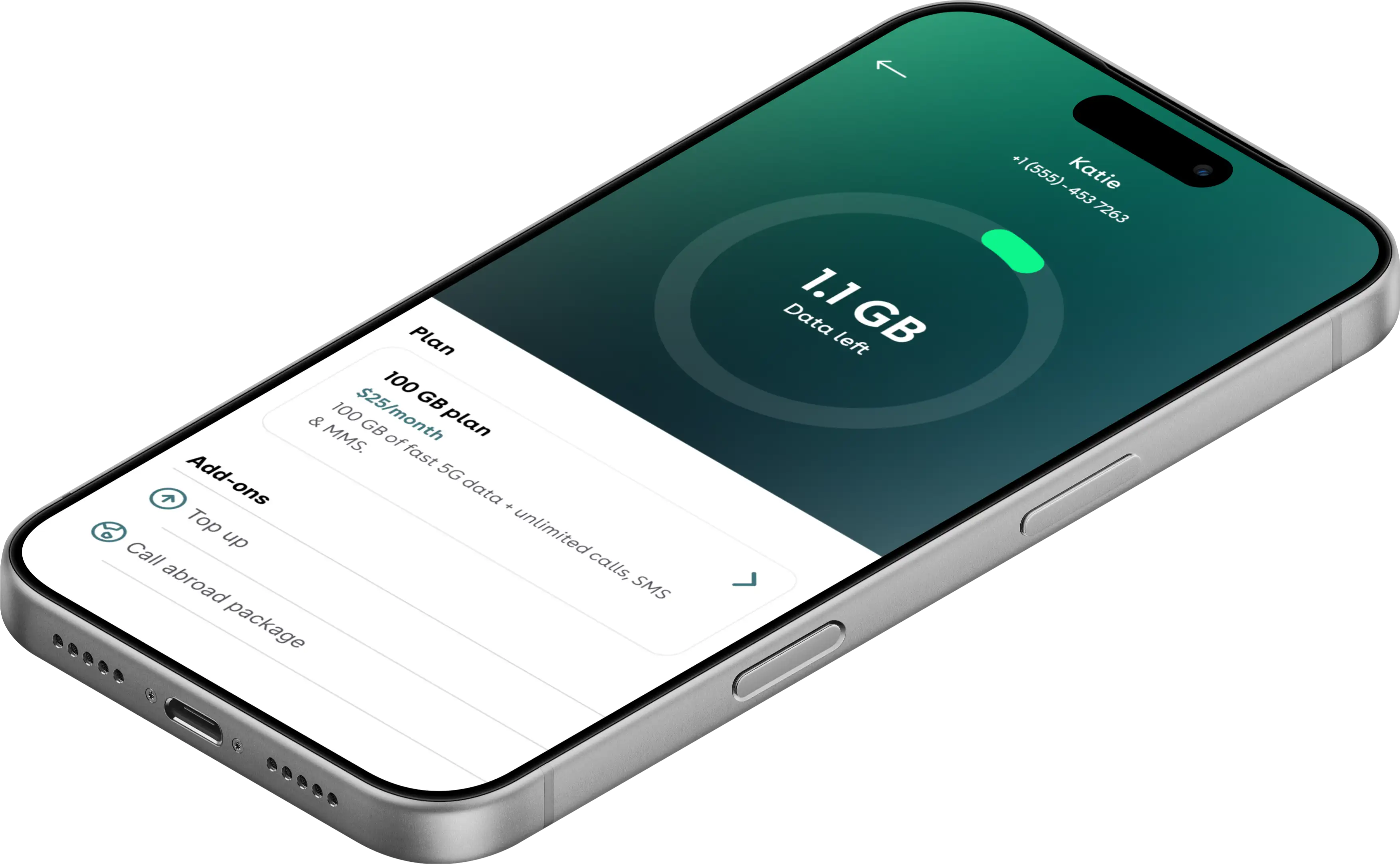 The Seamless OS subscriber app on a phone, showing a plan's remaining data, price and add-ons.