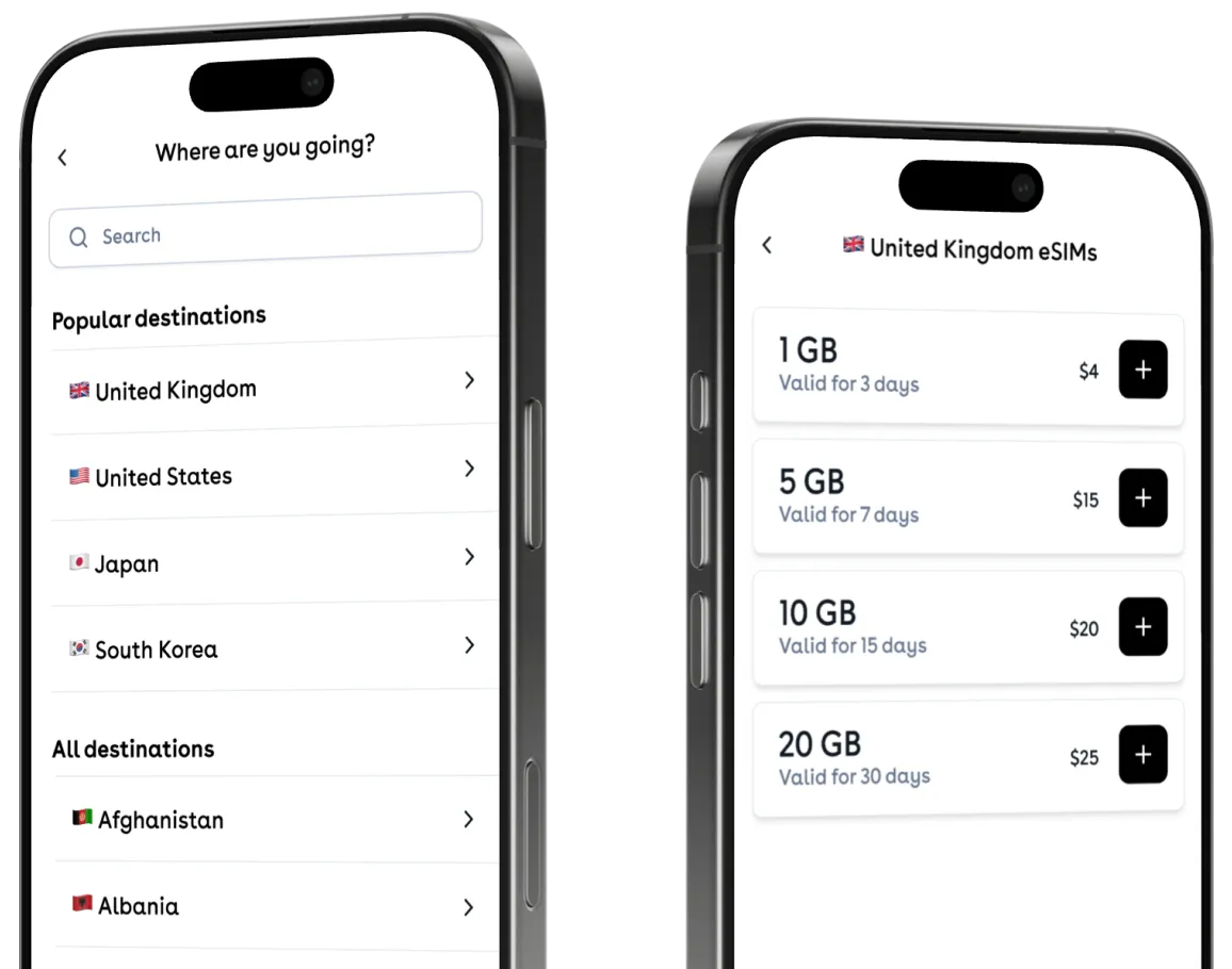 Travel eSIM app — destination picker and United Kingdom eSIM plans