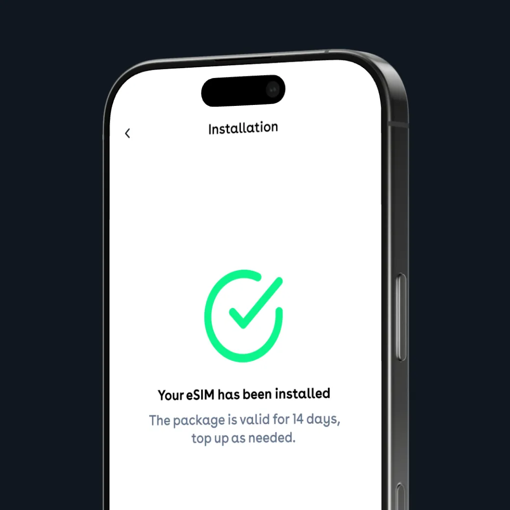 A phone confirming the eSIM has been installed and is valid for 14 days